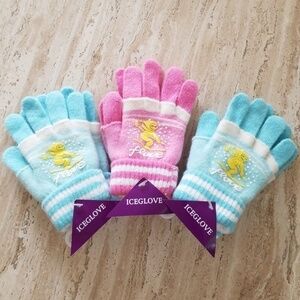 Set of 3 New Light Blue & Pink Combo Double Layered 2 in 1 Wool Blend Gloves